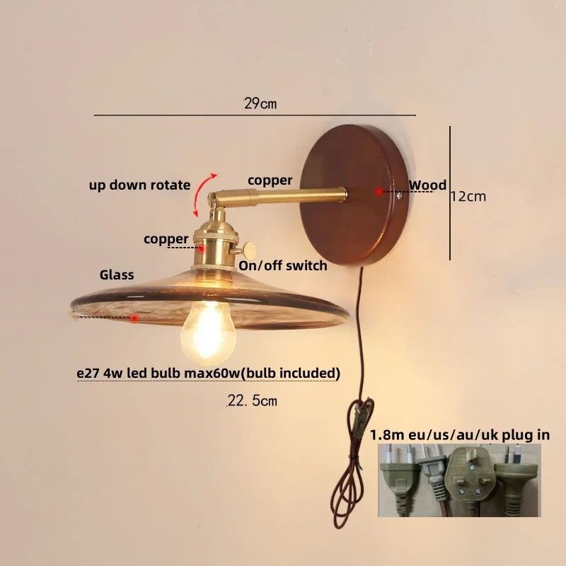 Helnys Walnut Wood LED Wall Light Fixture Glass Pull Chain Switch