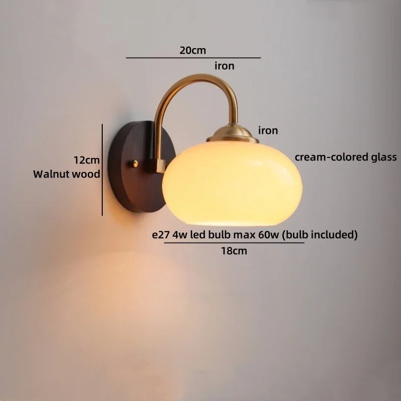 Helnys Nordic Round Glass LED Wall Lights with Wood Base