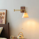 Helnys Walnut Ceramic LED Wall Lamp with Copper Arm, Rotating, Pull Chain Switch