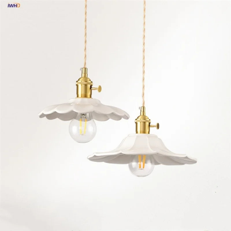 Helnys White Ceramic LED Pendant Lamp with Copper Knob Switch