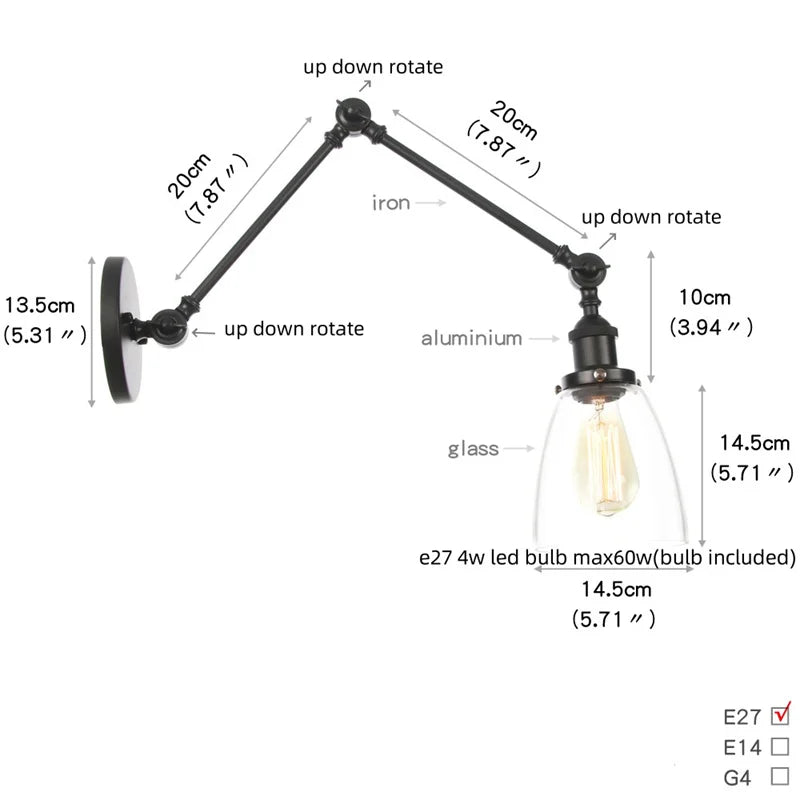 Helnys Vintage Swing Arm Wall Lamp with White Glass Shade