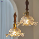 Helnys Nordic Walnut Wood LED Pendant Light with Clear Flower Glass