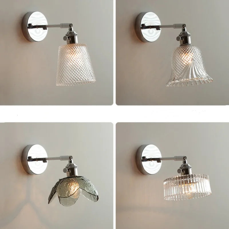 Helnys Clear Glass LED Wall Sconce Pull Chain Switch Modern Iron Bathroom Light