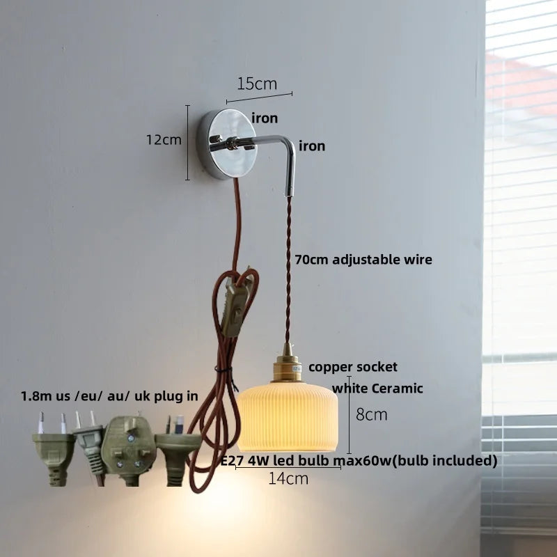 Helnys Nordic LED Wall Light Pull Chain Switch Adjustable Sconce White Ceramic