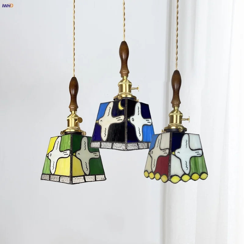 Helnys Tiffany Style Glass Pendant Light Fixture with Walnut Wood Finish