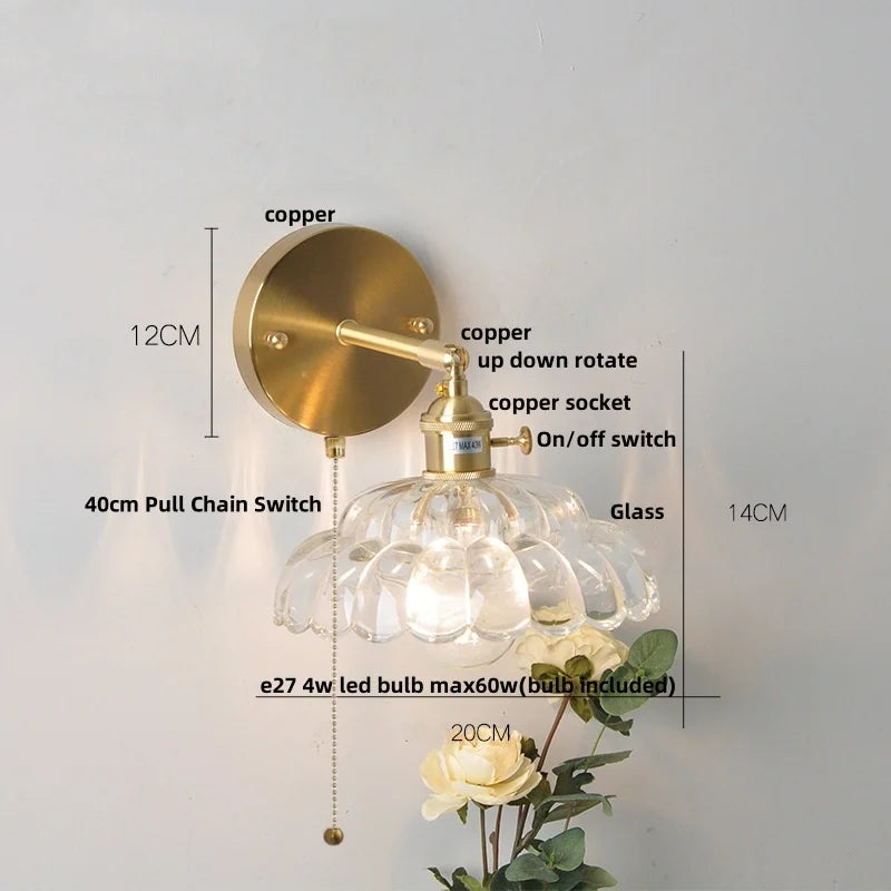 Helnys LED Wall Lights with Pull Chain Switch and Clear Glass Up Down Rotate Copper Finish