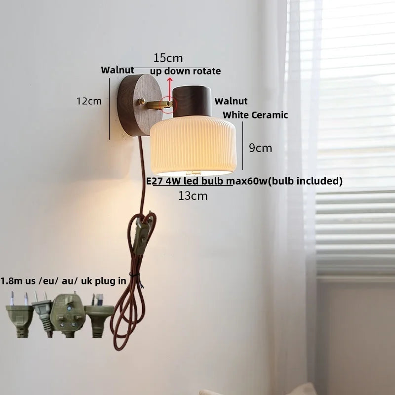 Helnys Modern LED Wall Light Fixture White Ceramic Walnut Wood Bedside Lamp