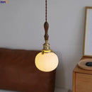 Helnys White Ceramic Ball LED Pendant Light with Copper Socket & Wood Handle