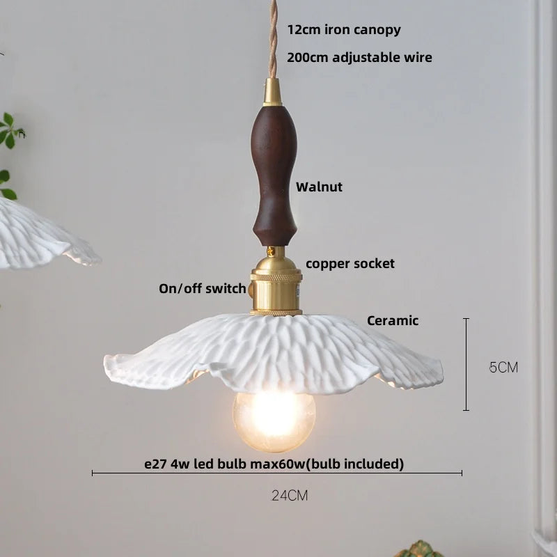 Helnys Flower Ceramic LED Pendant Lamp with Copper Socket, Adjustable Modern Hanging Light