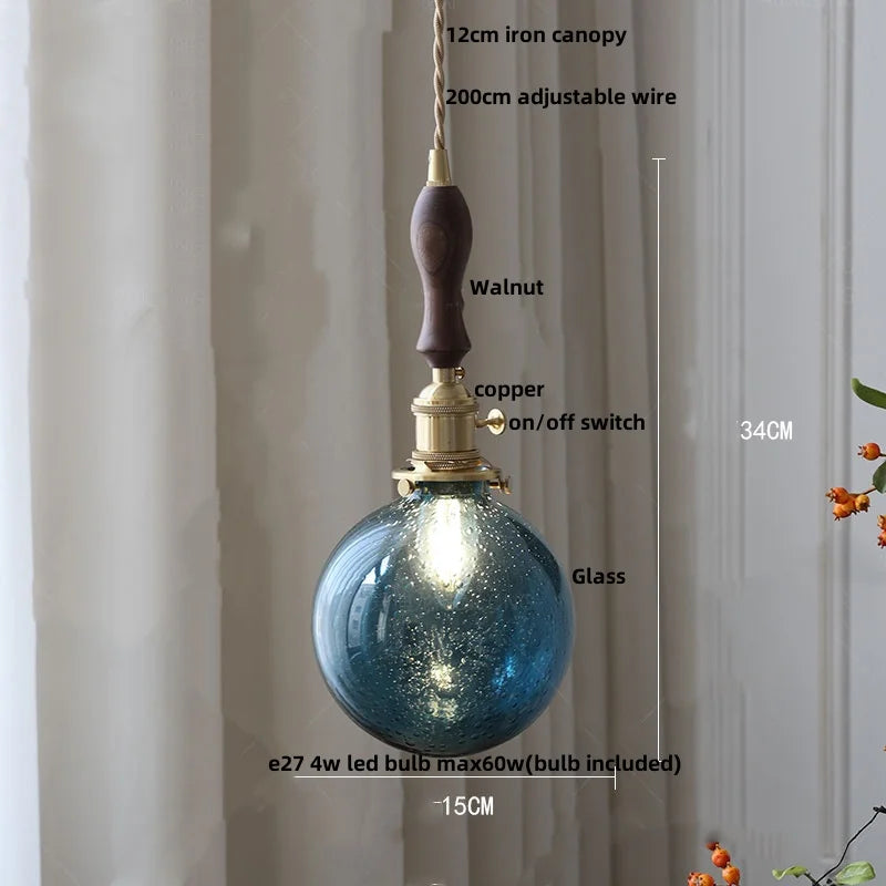 Helnys Nordic LED Glass Pendant Light Fixture with Wood Accent