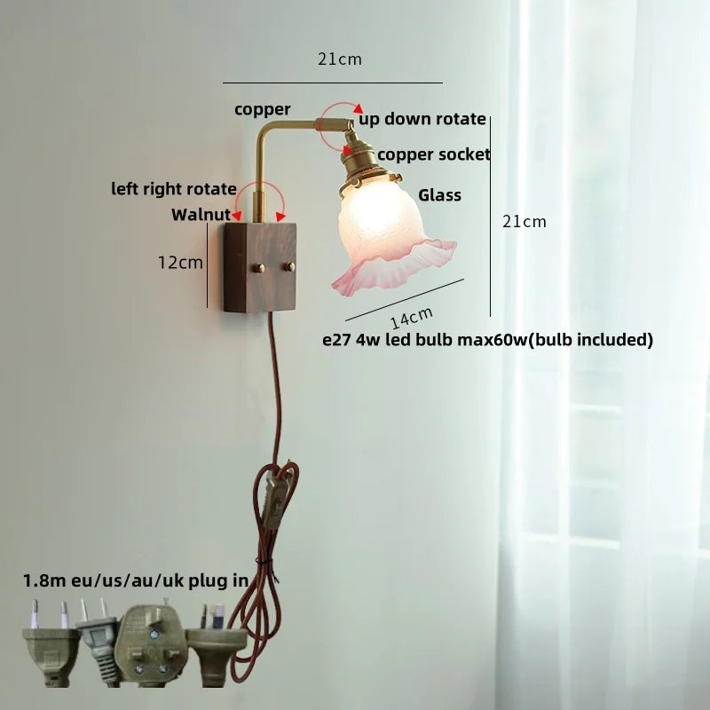 Helnys Brass Walnut Wood LED Wall Sconce Rotatable Glass Stair Light