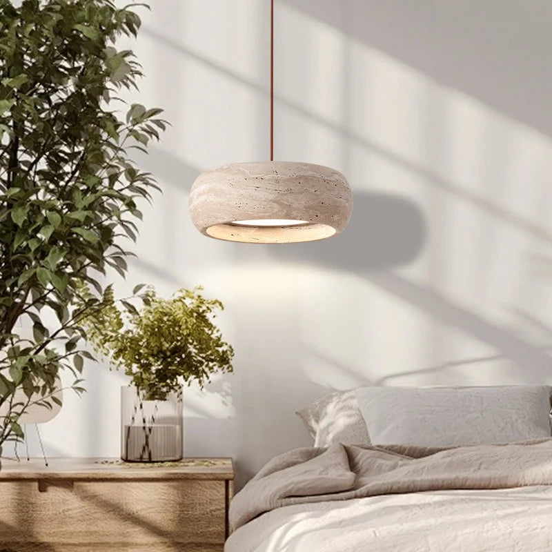 Helnys Yellow Travertine Round LED Pendant Lamp for Cafe Study Living Room