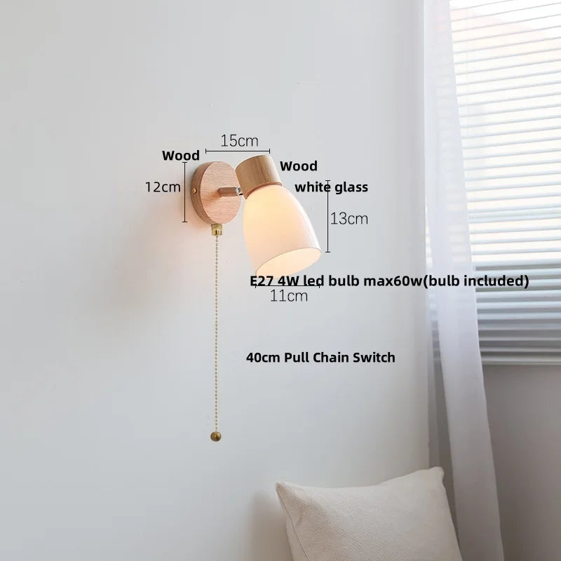 Helnys Amber Glass LED Wall Sconce Wood Pull Chain Switch Stair Light