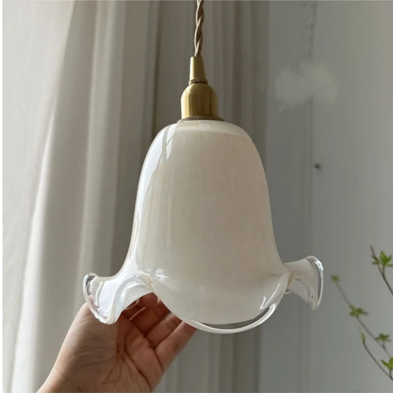 Helnys Flower Glass Pendant Light Fixture, Copper Socket LED Hang Lamp for Home Decor