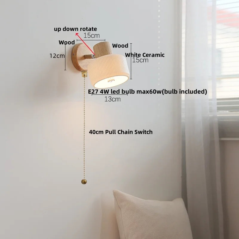 Helnys White Ceramic LED Wall Lights with Pull Chain Switch - Modern Nordic Design