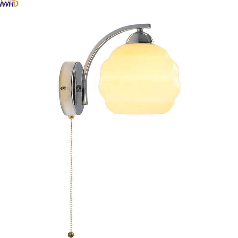 Helnys Nordic LED Wall Sconce with Switch, White Beige Glass, E27 Bulb, Bathroom Lights