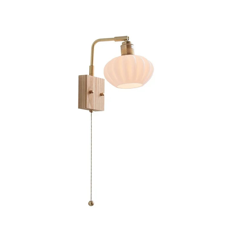 Helnys Ash Wood LED Wall Light with Pull Chain Switch & Rotatable White Glass