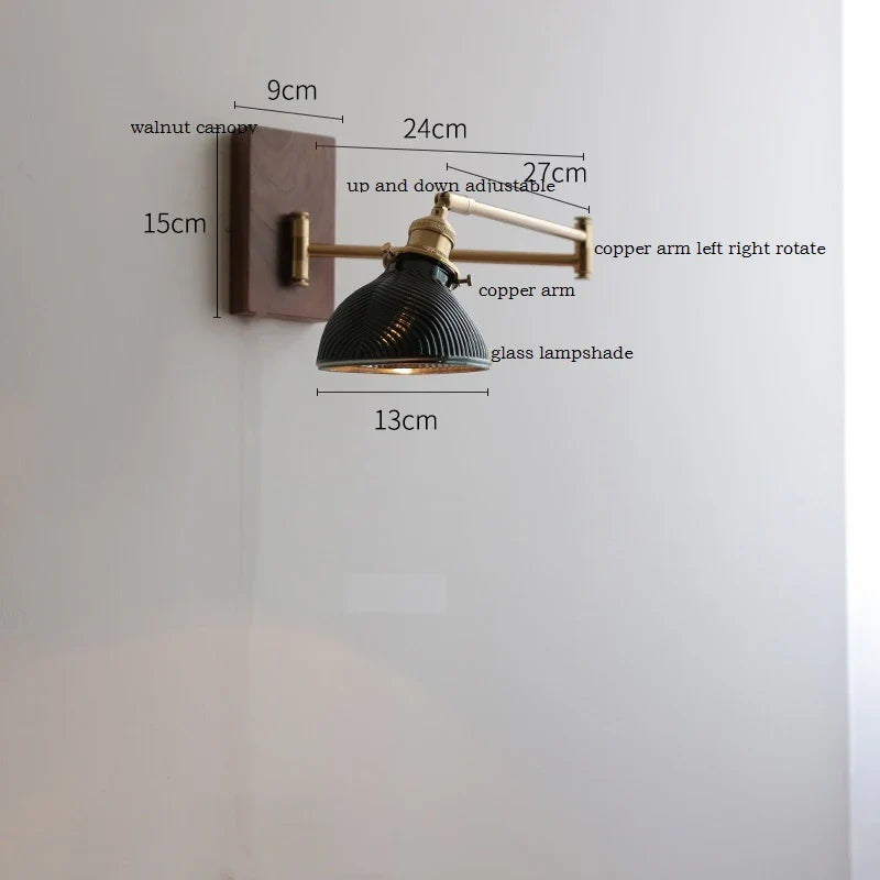Helnys Clear Glass Copper LED Wall Lights with Pull Chain Switch and Walnut Wood Canopy