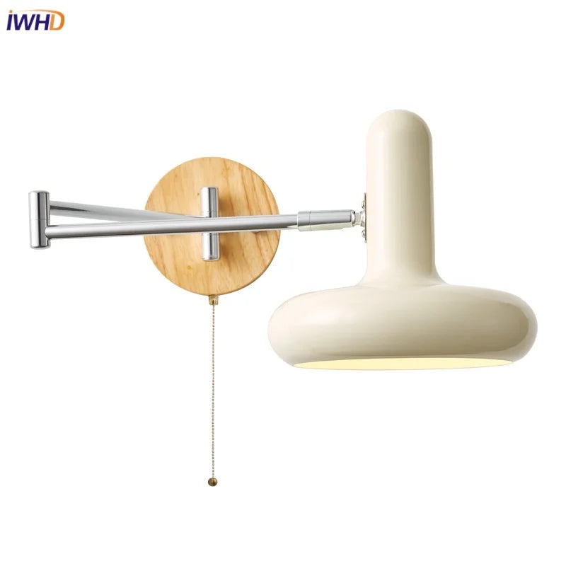 Helnys LED Wall Sconce Rotate Pull Chain Switch Wood Base Bedside Lamp