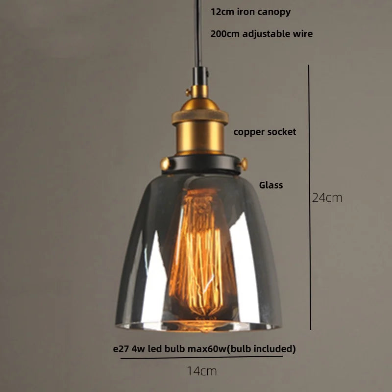 Helnys Loft Smoke Gray LED Pendant Lamp Brass Glass Vintage Hanging Light