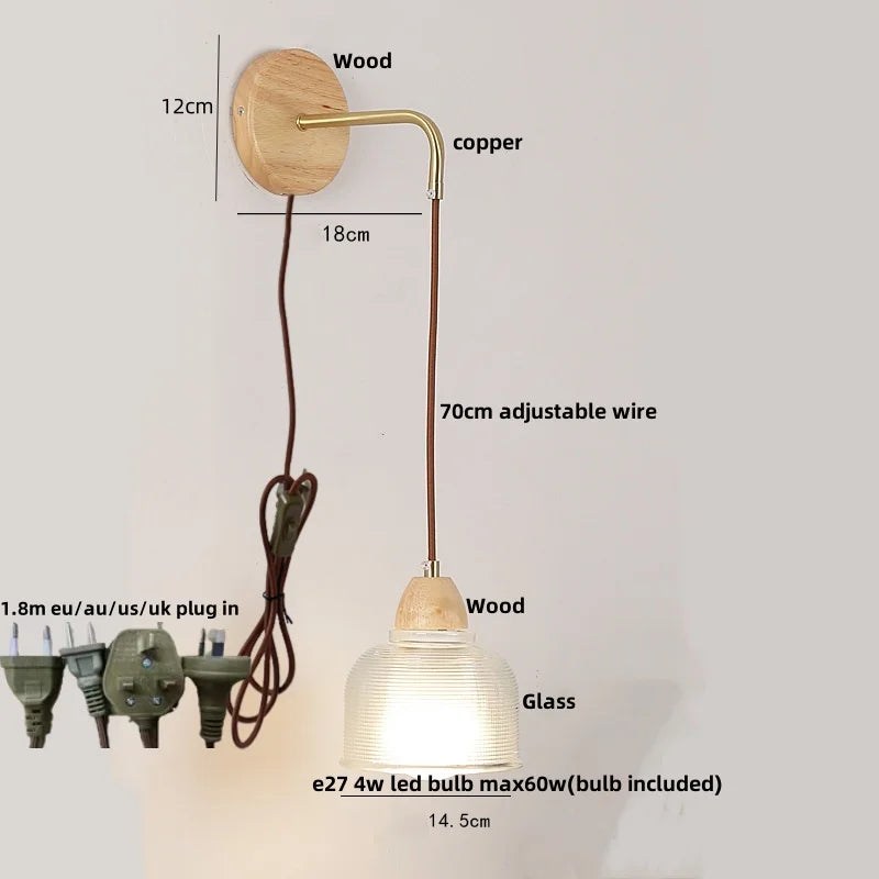 Helnys Wood Glass LED Wall Light Fixture with Pull Chain Switch