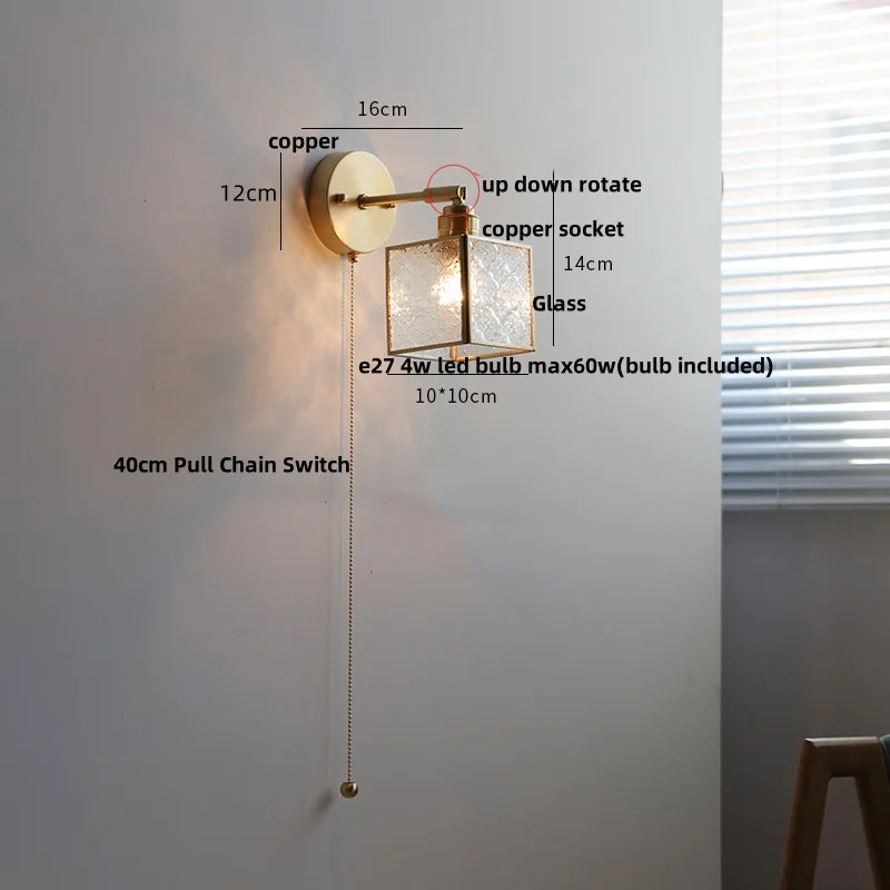 Helnys Glass LED Wall Sconce with Pull Chain Switch - Modern Nordic Bathroom Mirror Light
