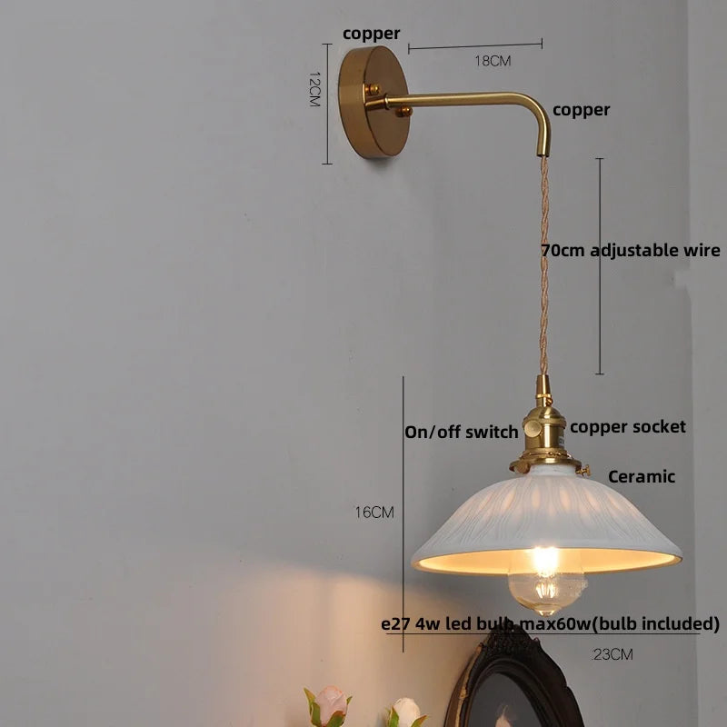 Helnys Nordic LED Wall Light Brass Bedside Lamp Chrome Pull Chain Switch