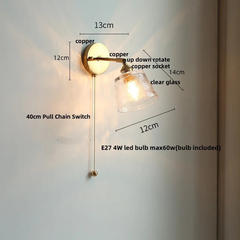 Helnys Rotating Glass Wall Light with Pull Chain Switch & LED - Modern Nordic Design