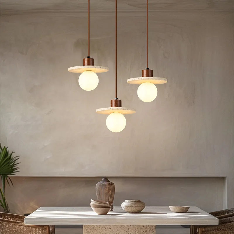 Helnys Yellow Travertine LED Pendant Lights Fixture Glass Stone Wood Nordic Hanging Lamp