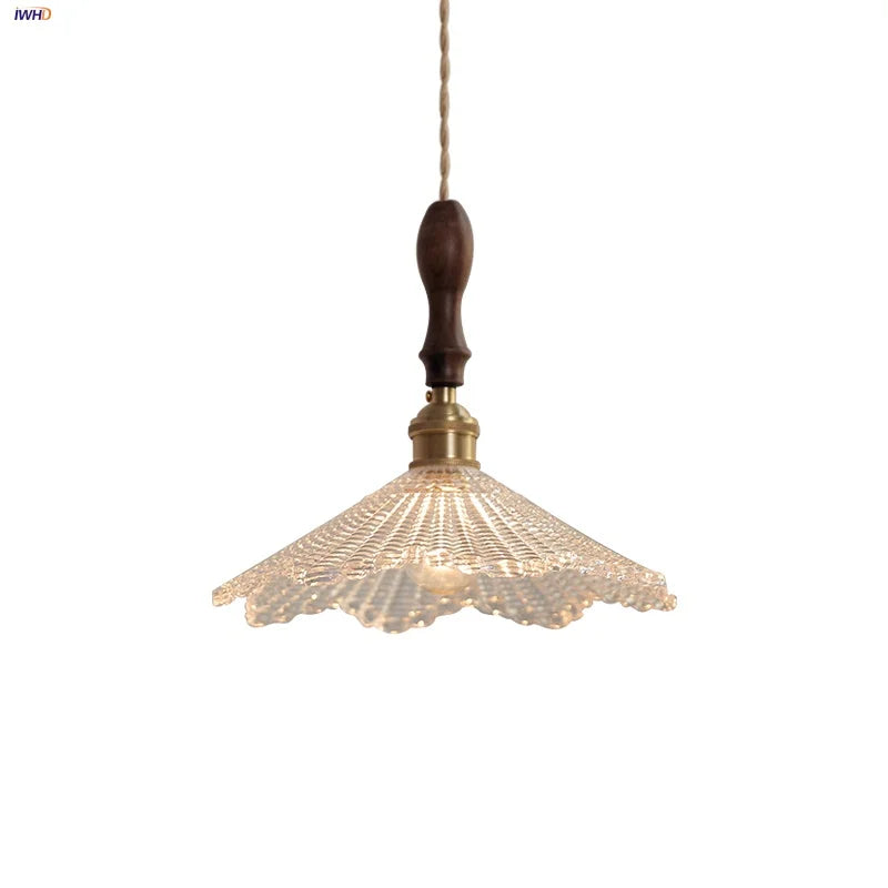 Helnys Nordic Walnut Wood LED Pendant Light Fixture Glass Hang Lamp