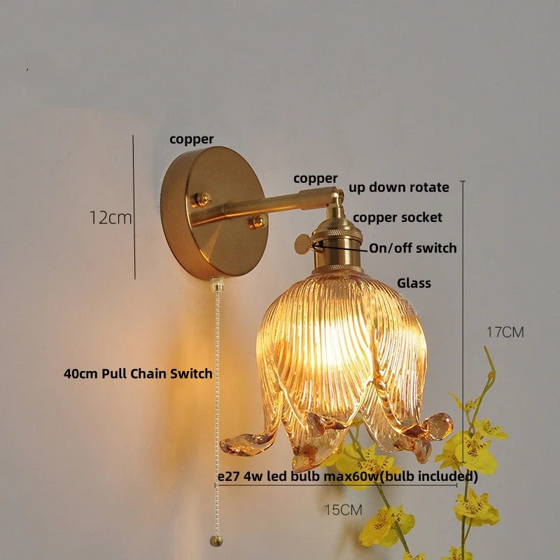 Helnys Vintage Blue Glass LED Wall Lamp with Pull Chain Switch