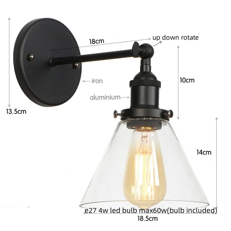 Helnys Vintage Industrial LED Wall Sconce with Pull Chain Switch Glass Bathroom Lamp