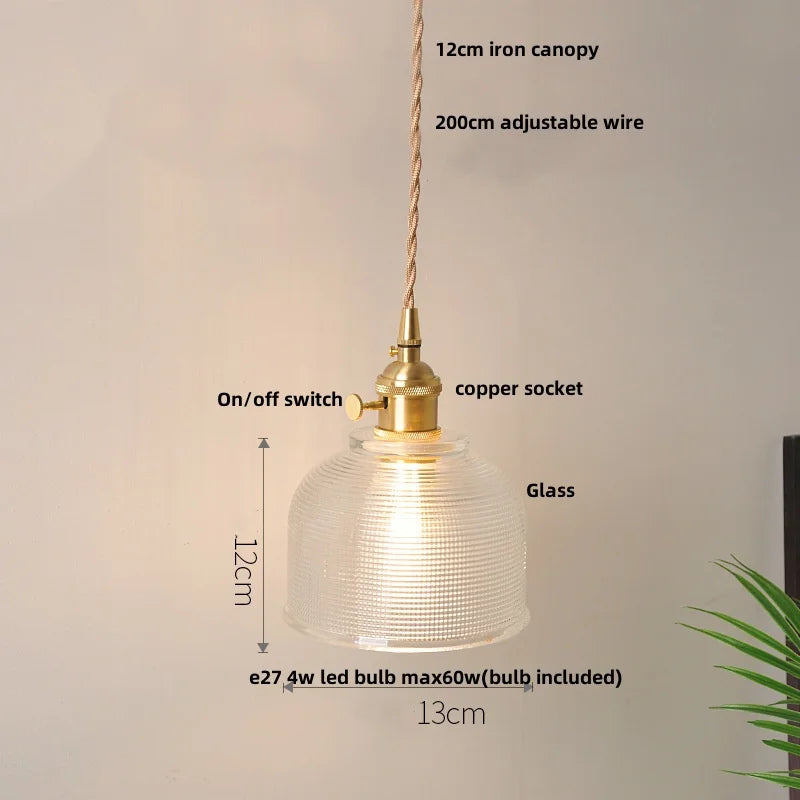 Helnys Clear Glass LED Pendant Lamp with Adjustable Wire and Copper Knob Switch