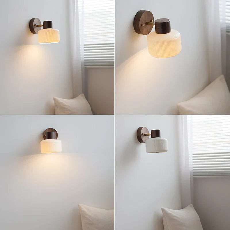 Helnys Modern LED Wall Light Fixture White Ceramic Walnut Wood Bedside Lamp