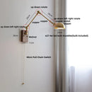 Helnys Copper LED Swing Arm Wall Sconce Walnut Finish, Pull Chain Switch Home Decor