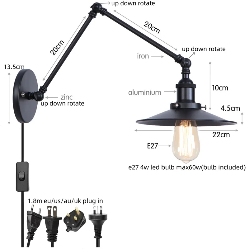 Helnys Adjustable Black Iron LED Wall Light - Industrial Vintage Bedside Lamp