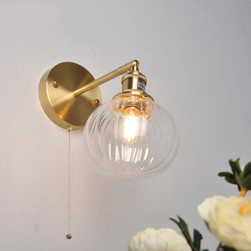 Helnys Nordic LED Wall Light Clear Glass Pull Chain Switch Bedside Lamp
