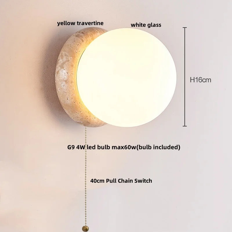 Helnys LED Wall Light with Wood Base, Natrual Yellow Travertine, Nordic Modern Design