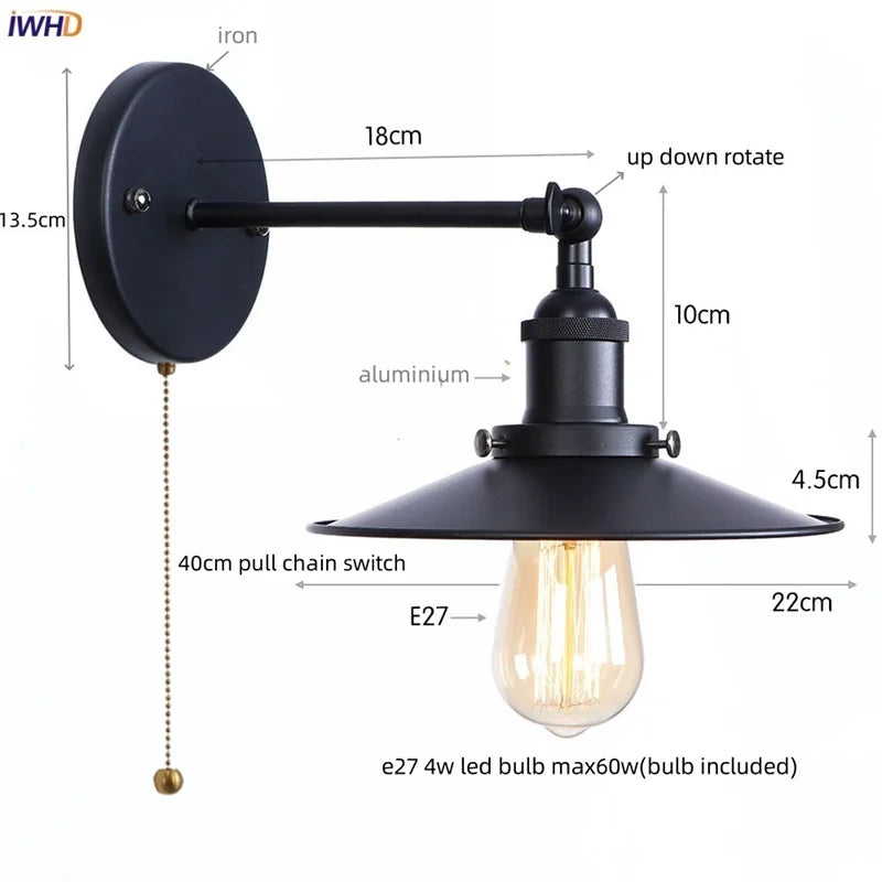Helnys Loft LED Wall Lamp With Gold Pull Chain Switch - Industrial Vintage Design