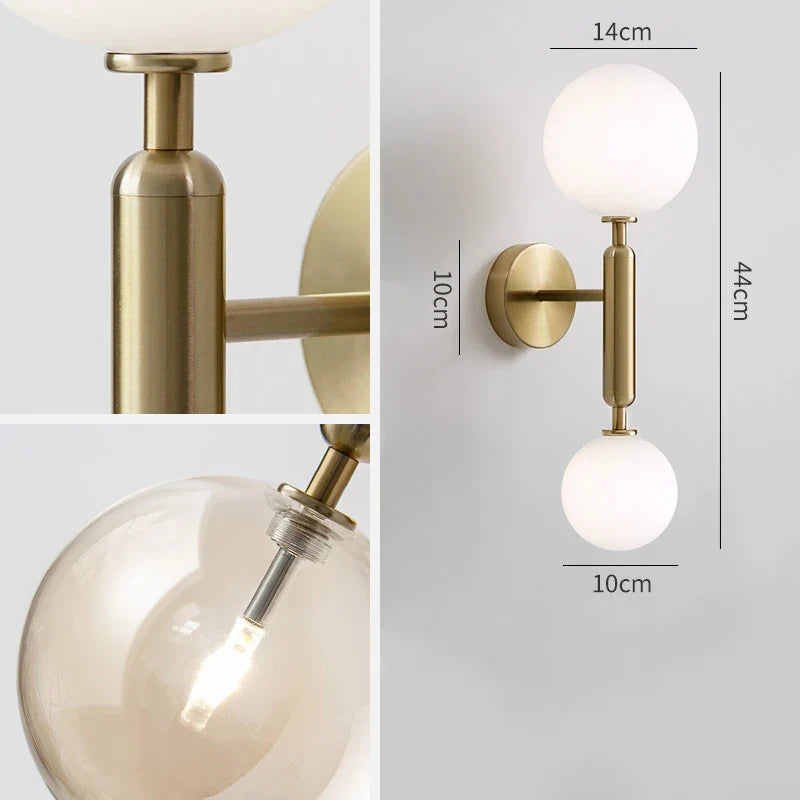 Helnys Copper LED Wall Sconce Amber Glass Ball Modern Applique Murale