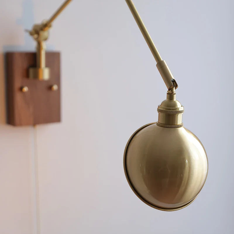 Helnys Copper LED Swing Arm Wall Sconce Walnut Finish, Pull Chain Switch Home Decor