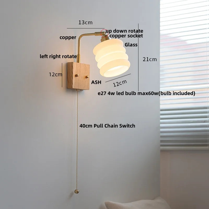 Helnys Ash Wood LED Wall Light with Pull Chain Switch & Rotatable White Glass