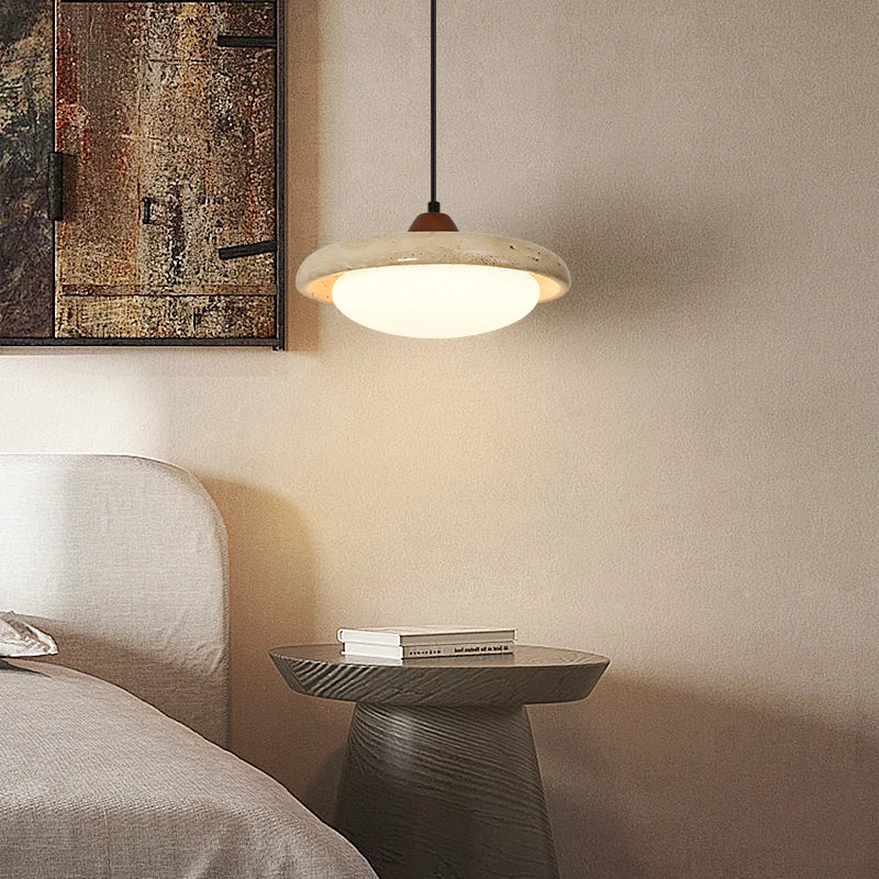 Helnys Yellow Travertine LED Pendant Light Fixture with Adjustable Wire and White Glass