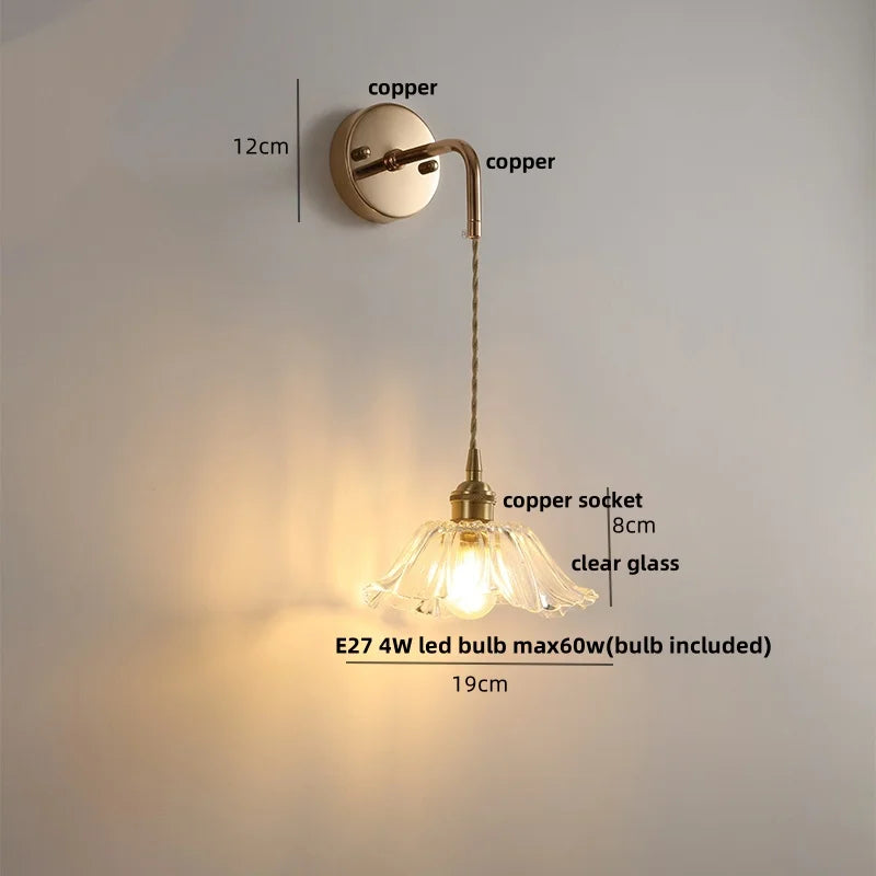 Helnys Adjustable LED Wall Light Clear Glass Copper Socket Bedside Lamp