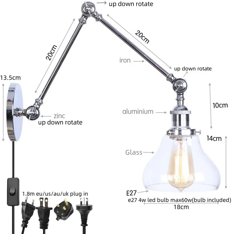 Helnys Chrome Industrial Swing Arm LED Wall Sconce Clear Glass Lamparas De Pared