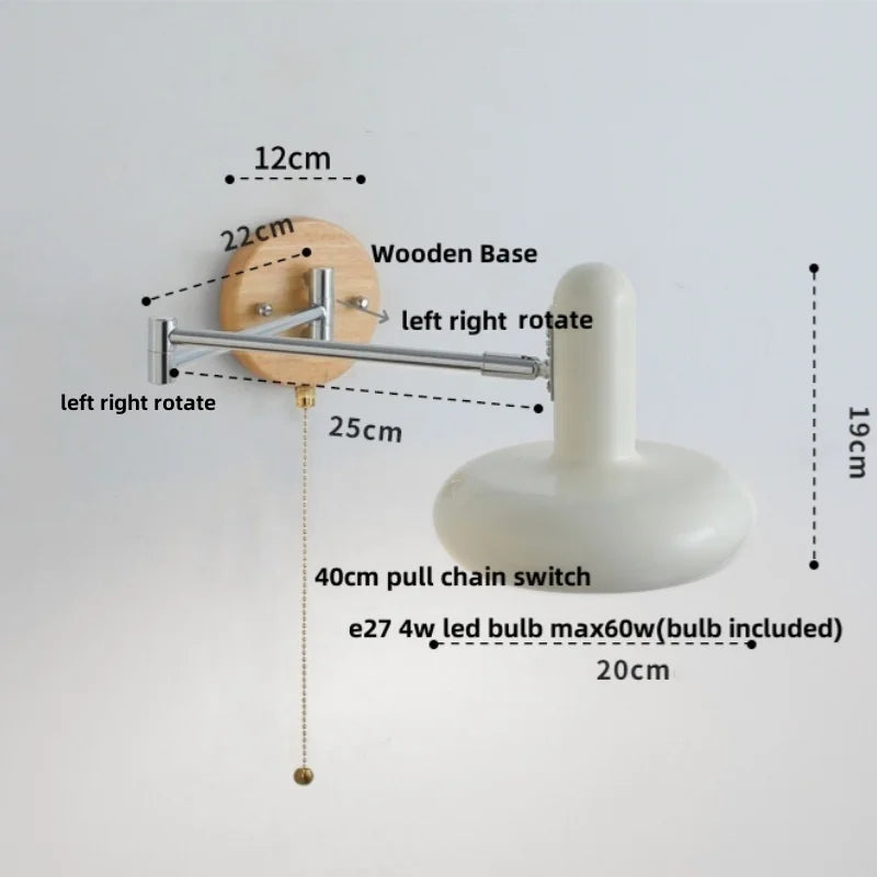 Helnys LED Wall Sconce Rotate Pull Chain Switch Wood Base Bedside Lamp