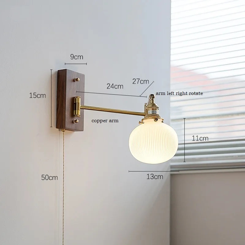 Helnys Ash Wood Canopy LED Wall Sconce Pull Chain Switch Rotate Bedroom Lamp