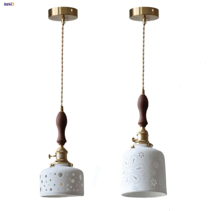 Helnys Walnut Wood LED Pendant Lights with Ceramic Knob Switch