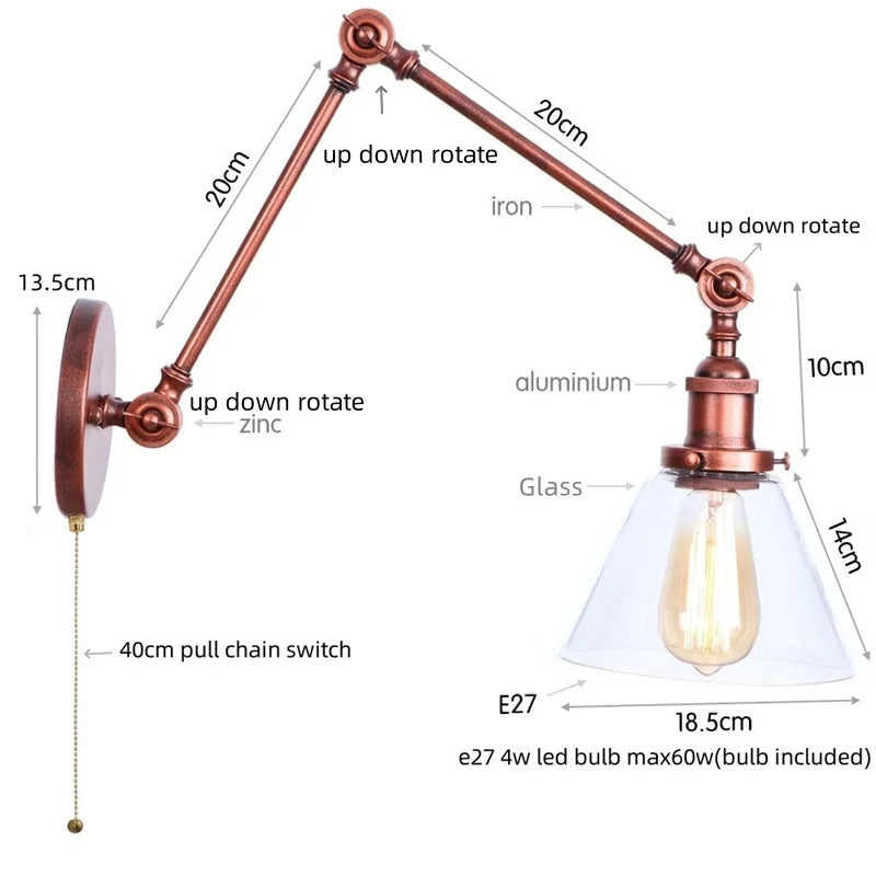 Helnys Vintage Swing Arm Wall Lights with Pull Chain Switch and Glass Ball