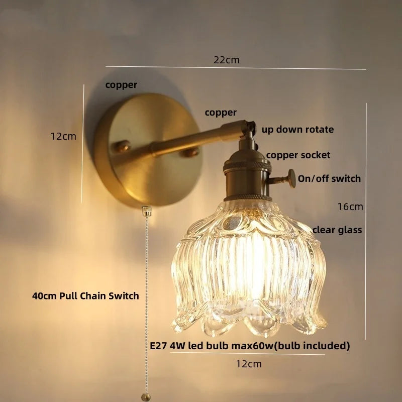 Helnys Copper Rotate LED Wall Light with Pull Chain Switch - Modern Glass Bedside Lamp